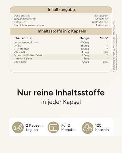 120 Johanniskraut Kapseln hochdosiert - 1000mg Johanniskraut-Extrakt mit GABA & L-Tryptophan - pflanzlicher Stimmungsaufheller hochdosiert - Stimmungszauber - 3 Monatsvorrat