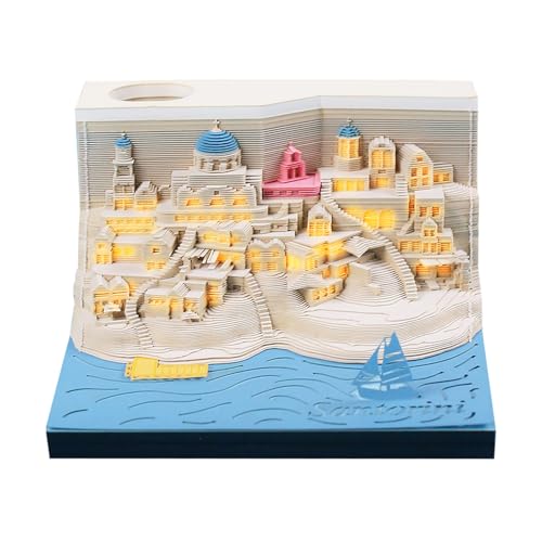 SIWEME Santorini Memo Pad 3D with Light Kawaii Memo Pad Non-Stick 3D Sticky Notes 3D Art Craft Note Pad Three-Dimensional Paper Art Notepad with Pen Holder Silhouette DIY Creative Gift