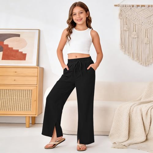 Image of Girls Linen Pants Wide Leg School Uniform Pants Cozy Elastic Waist Summer Casual Beach Lounge Trousers with Pockets