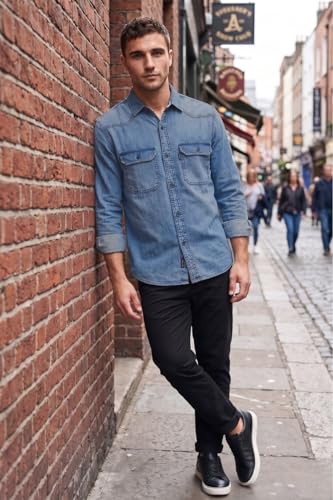 Image of Louis Philippe Men's Slim Fit Classic Denim Wash Stylized Fashion Full Sleeve Casual Shirt