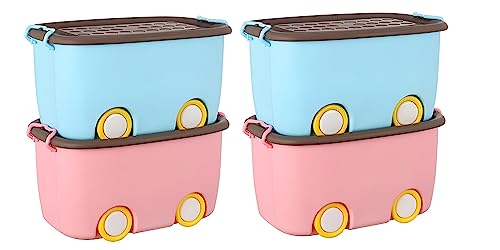 Image of Ash & Roh Multi color Storage Bins with Locking Lids, Handle & Wheels | Stackable Collapsible Storage Box | 25 lit Container Organizer Toy Storage Box. (Pack of 4)