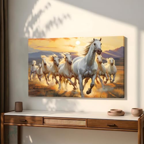 Image of PAINTINGMANTRA 7 White Running Horses Stretched Canvas Painting For Living Room, Vastu Abstract Stretched Canvas Wall Art Painting for Office & Home Decor, 22x34 Inch