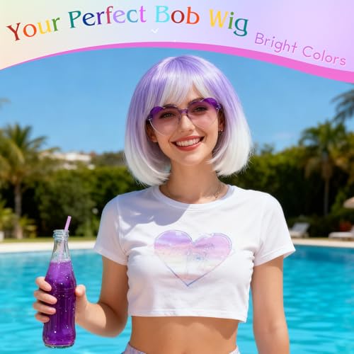 Image of PLULON Purple White Ombre Bob Wig with Bangs for Women Men, Colorful Short Funny Bob Wigs with Heart Sunglasses and Hair Cap Colored Cosplay Hairpieces for Halloween Costume Neon Bachelorette Party