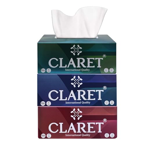 Image of Claret 2-Ply Facial Tissue | Makeup Removal Tissue Wipes | Tissue Paper Holder For Office Desk | Car Accessories | 200 Pulls Each |Pack of 3