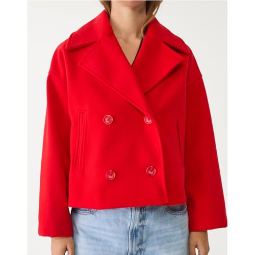 Cropped Trench Coat Women Double Breast Wool Jacket Long Sleeve Notched Lapel Neck Overcoat Cardigan Coat with Pocket4