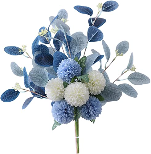 HAOSHICS Fiori finti bianchi blu bouquet ortensia fiori artificiali crisantemo fiori artificiali per decorazione di fiori centrotavola per tavolino da caffè (bianco blu)