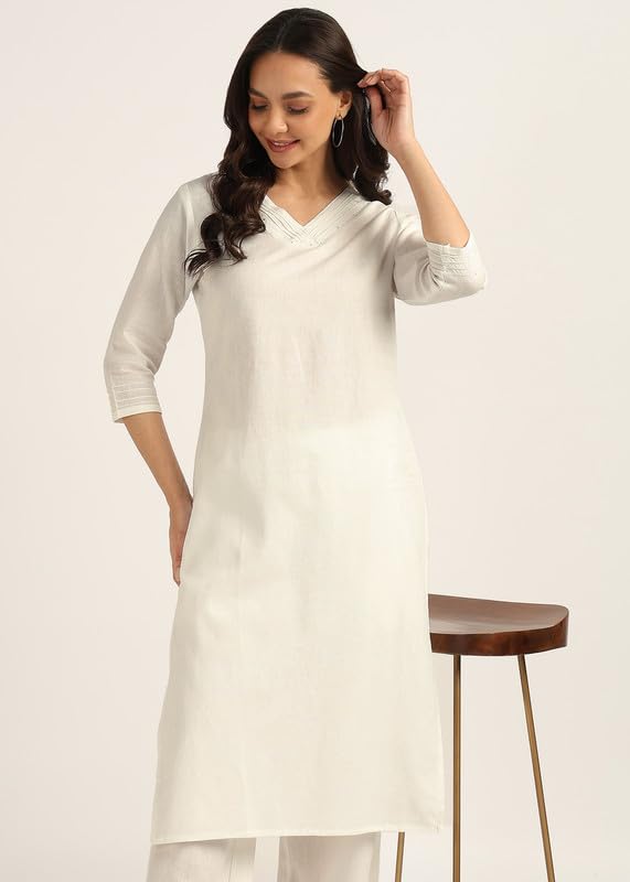 Image of BLOCKS OF INDIA Women's Solid Straight Kurta Set | Hand-Stitched Neck Details with Pintucks | Comfortable Pants with Pockets, Elastic Waist & Drawstring Fit