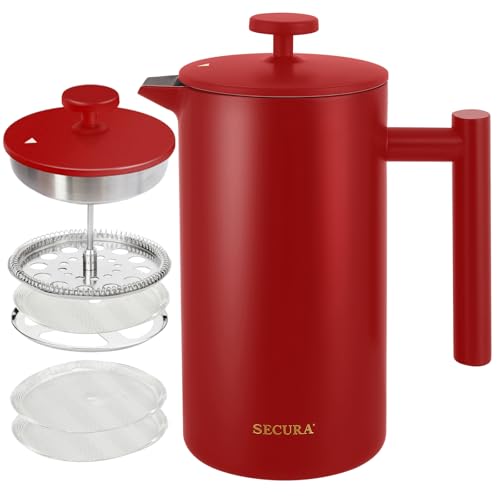 Secura French Press Coffee Maker, 304 Grade Stainless Steel Insulated Coffee Press with 2 Extra Screens, 34oz (1 Litre), Red