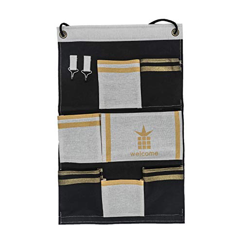 Anzirose Organizador Colgante Bolsa de Almacenamiento lino y algodón Armario Pared Organizador con 7 Bolsillos 2 Ganchos de llave - Negro