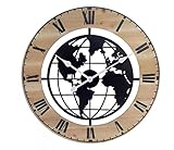  ORIGEN Horloge Murale Rétro et Industrielle, Structure Bois et Planisphère Métal, Diamètre 60 cm