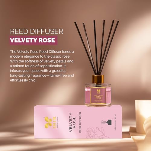 Image of IRIS Aroma Reed Diffuser - 100ml | Elegant Home Fragrance with 6 Fiber Reeds, Glass Round Bottle with Gold Cap | Aroma Diffuser for Cozy Decor & Gifting (Velvety Rose)