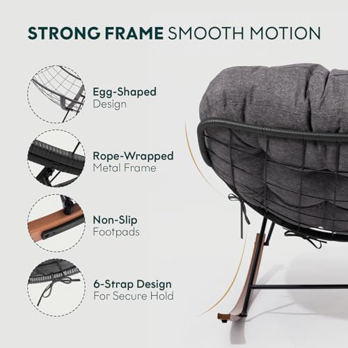 Image of Bme Patio Rocking Chair Outdoor & Indoor, Metal Patio Lounge Rocking Chair with Thick Cushion, Comfy Modern Rocker Chair for Living Room, Porch, Backyard, Grey Cushion - Wood Texture Rocker