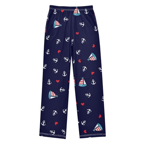 Sailboat Love Heart Anchor Boys Long Pants Soft Trousers Elastic Waist Kids Lounge Bottoms with Pockets S-XL