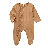 Kuriozud Newborn Baby Girl Boy Zipper Sleeper Ruffle Footed Romper One Piece Clothes (Brown Zipper Footie, 0-3 Months)