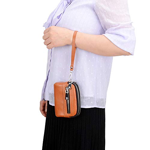 Allitic Women Coin Purse Genuine Leather Small Triple Zipper Coin Wallet Pouch With Removable Wristlet Strap (Light Brown) #TOP6