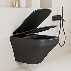 Simple project one piece elongated square wall mount toilet in matte black space saving design wall hung toilet bowl with soft close seat for modern bathrooms  urban country home decor
