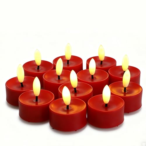 Image of CANDLE CHOICE Battery Operated Flameless Tea Lights Realistic Black Wick Bright Flickering LED Tealight Candles Wedding Table Centerpieces Halloween Christmas Decorations Batteries Incl. 12 Pack Red