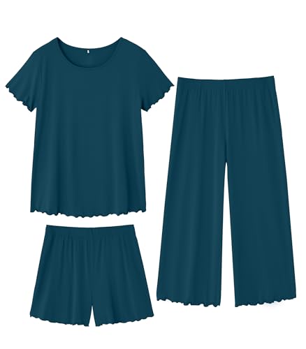Image of WiWi 3 PCS Pajamas for Women Set Short Sleeve Pajama Sets Capri and Shorts Pj Sets Super Soft Cooling Sleepwear S-XXL