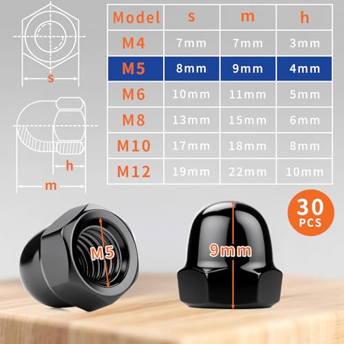 SWTYExt Hutmuttern M5 Edelstahl 30 Stück Hutmutter DIN 1587 Hohe Form Hochwertige A2 V2A Kappenmuttern Schwarz Schraubenkappen Sechskant Hutmuttern für Schrauben Mutter Gewindestange Gewindebolzen