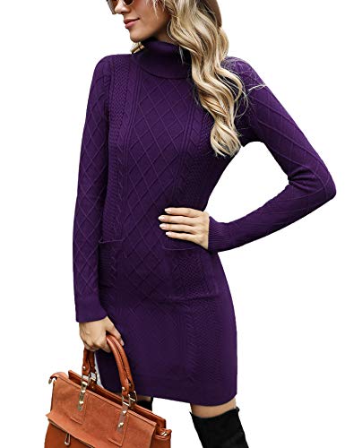 Irevial Damen Irevial Damen Strickkleid Rollkragen Langarm Stretch Pullikleid Lang Strickpullover Elegant Miniklei Cocktail Dress, A-lila, L EU