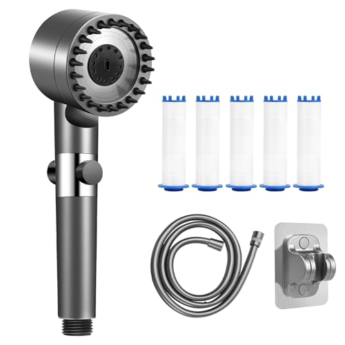 Pommeau Douche Universel Économie d'eau, Pommeau de Douche Haute Pression avec Tuyau 1.5 M, Shower Head de Rechange avec Support de Douche Manuel Sans Perçage, Pommeau de Douche avec Filtre 5 PCS