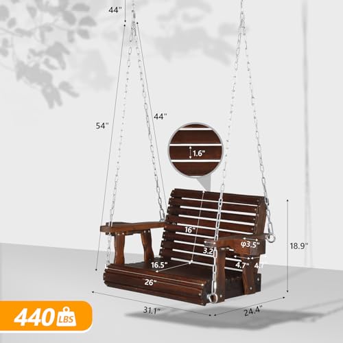 Image of VINGLI Heavy Duty 440 LBS 1-Person Wooden Patio Porch Swing with Extra Cup Holder for Adults, Outdoor Single Porch Swing for Porch, Yard, Balcony, Tree (Rustic)
