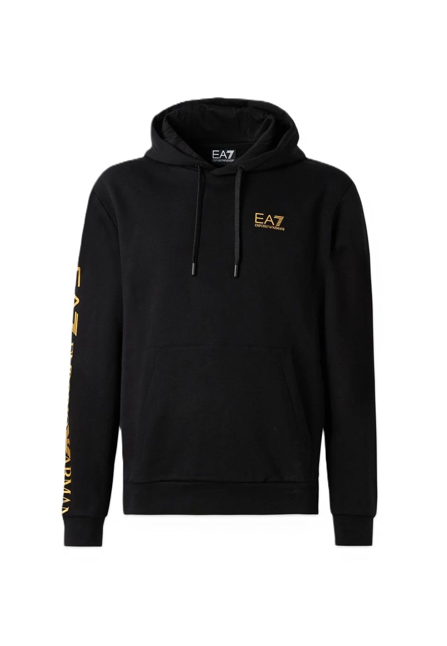 EA7 Men's Logo Sleeve Pullover Hoodie, Black/Gold, S