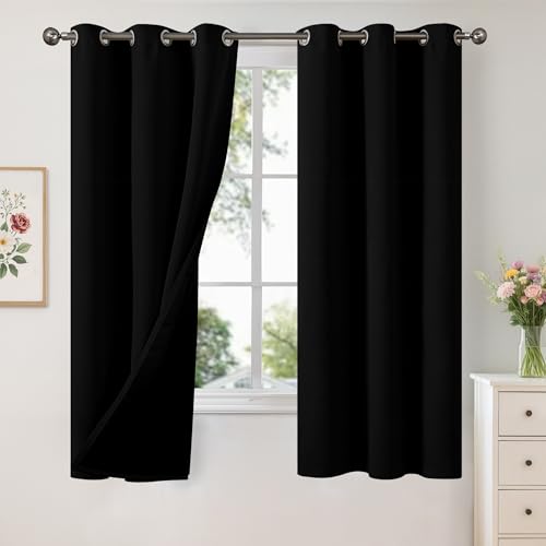 Image of YoungsTex 100% Blackout Insulated Curtains 68 Inches Long for Living Room Window, Thermal Black Out Drapes with Grommet Energy Saving for Bedroom, Black, 2 Panels, 42 X 68 Inch
