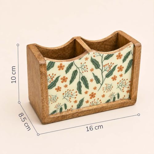 Image of The Earth Store Wooden Floriva Cutlery Holder 2 Division | 6 Inch White & Brown Cutlery Organizer | Spoon & Utensil Stand for Kitchen Counter, Dining Table & Table Top Storage