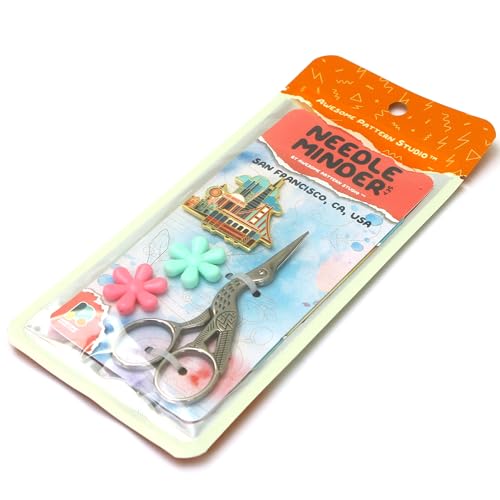 Image of Awesome Pattern Studio Needle Minder Set - San Francisco Magnetic Needle Minder + 2 Needle Threaders + Crane Scissors. Enamel Pin for Cross Stitch, Embroidery and Craft