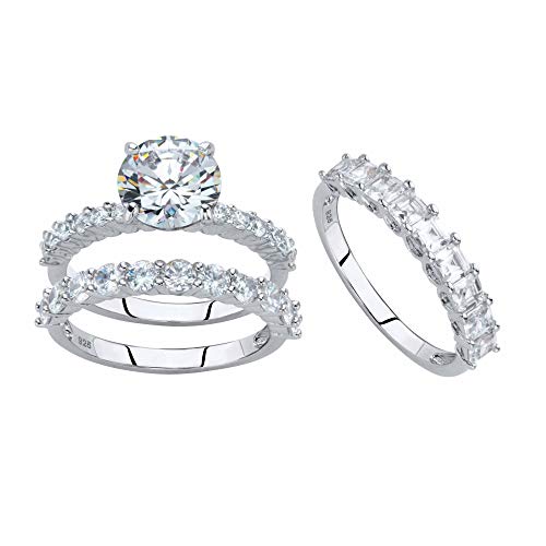 Platinum over Sterling Silver Round and Princess Cut Cubic Zirconia 2 Piece Bridal Ring Set with FREE Bonus Ring Size 9