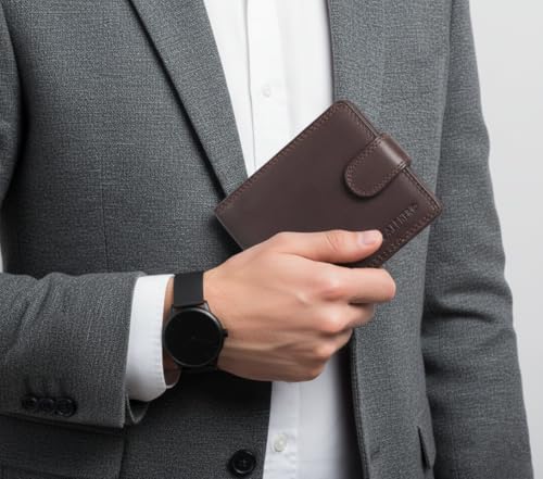 Image of Calfnero Men's Genuine Leather Bifold Wallet-Multiple Card Slots ID Window with Coin Pocket- Leather Wallet (Brown)