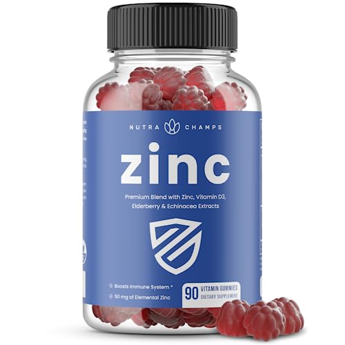NutraChamps Zinc Gummies | 4-in-1 Zinc Gummies Adult | Zinc Chewable 50mg with Vitamin D3 2000 IU Elderberry & Echinacea | Immune Heart & Brain Support | 90 Count
