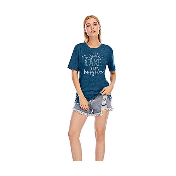 KNEYATTA The Lake is My Happy Place T Shirt Women Lake Life Shirt Summer Vacation Short Sleeve Casual Tee Top Blue