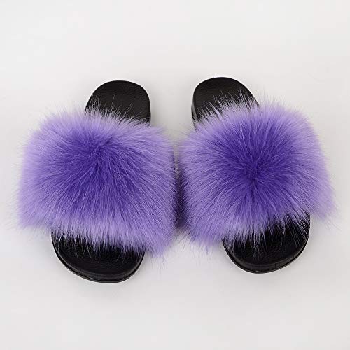Image of MH Bailment Womens Furry Fluffy Slippers Faux Fur House Slippers Open Toe Fuzzy Slides Soft Flat Slip On Sandals for Indoor Outdoor