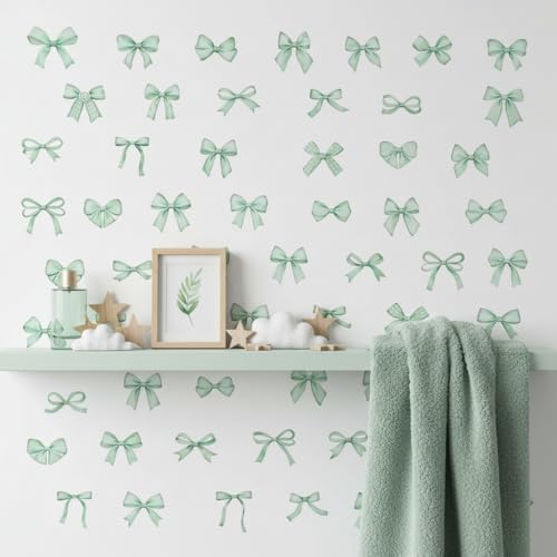 60Pcs Watercolor Bowtie Wall Stickers - Coquette Aesthetic Vinyl Decals for Room Decor in Light Pink, Sky Blue, Mint Green, Lavender Peel and Stick Nursery, Bedroom, Kindergarten Wall Art (Green)
