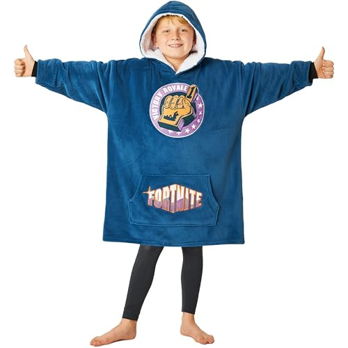Fortnite Blanket Hoodie Gifts for Boys Teens Oversized Fleece Pullover with Sherpa-Lined Hood Wearable Blanket for Gamers (Blue)