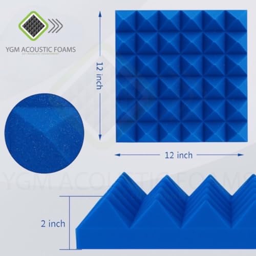 Image of YGM Acoustic Foams Pyramid Acoustic Panels 1 Footx1 Footx2inch Thick, 50 Density Acoustical Sound Proof Foam for Room, Studio, Echo Reduction & Noise Absorption (Black & Blue, Set of 108)