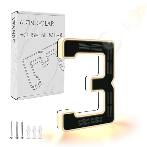 ISUNMEA 6.7 Inch Solar Lighted House Numbers for Outside, Light Up Waterproof LED Address Signs for Houses, Backlit Illuminated Exterior Modern House Numbers Light (3-Black, 6.7IN)