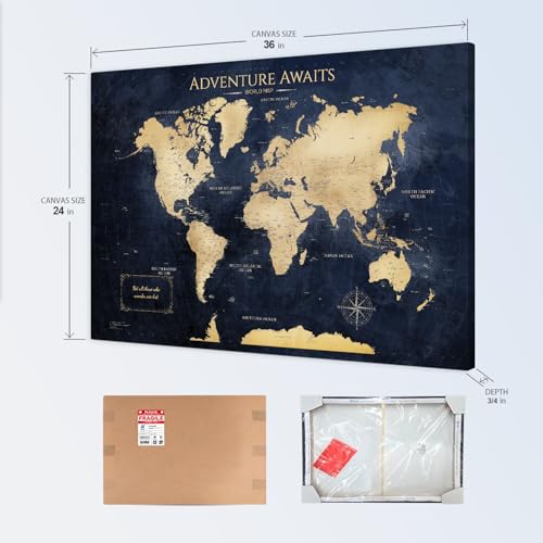 Image of IPIC - Vintage Teal World Map Pin Board Canvas Wall Art, Travel Map with Pins Included, Ready to Hang for Home or Office 36x24 Inch