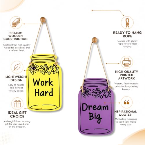 Image of GiftOday Work Hard Dream Big Wall Hanging | Multicolor Wooden Art | Size 7.5 x 12 Inch | Decorative Item for Living Room, Kitchen Decor Bedroom | Home Decor and Gift Idea | Set of 2