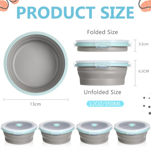 Suclain 4 Pcs Collapsible Bowls with Lids Silicone Camping Food Storage Container Expandable Folding Salad Lunch Box Travel Container for Hiking Camping(Blue Rim Gray,12 oz)