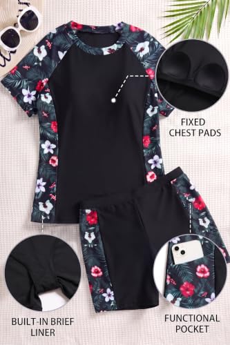 Image of Daci Short Sleeve Rash Guard 2 Piece Swimsuits with Bord Shorts | Sun Protection,Two Pockets,Clolor Block,High Waisted Short,High Neck,Quick Dry