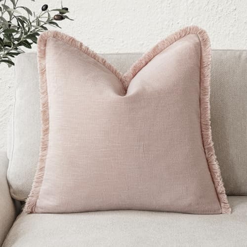 Image of Foindtower Decorative Linen Fringe Throw Pillow Covers Cozy Boho Farmhouse Cushion Cover with Tassels Soft Accent Pillowcase for Chair Sofa Bed Living Room Home Decor, 16x16 Inch, 1PC,Light Pink