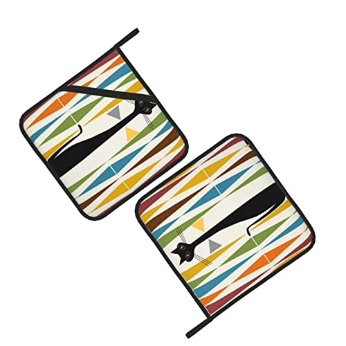 Mid-Century Modern Art Cat Printed Insulated Pot Holder Set For Baking, Cooking, Grilling, 2-Pack (8" X 8") Inch #TOP2