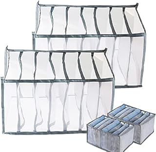 Drawer Organisers for Jeans-2 Pack Bedroom Wardrobe Organisers with Dividers-Large 7Grids Closet Cabinet Organizer Underwear Storage Boxes for Pants Trousers T-shirts Clothes Hats Leggings,Grey