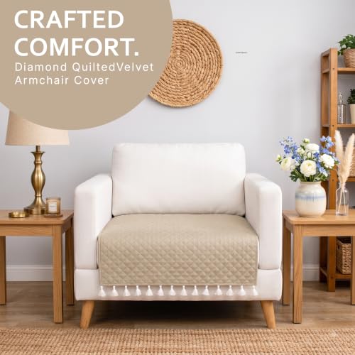 Image of BSB HOME 300 TC Premium Sofa Cover, Quilted Sofa Seat Cover with Decorative Tassels, Soft Comfortable Couch Protector, Stylish Furniture Cover for Living Room, 30 x 24 Inches (76 x 61cm) - Warm Beige