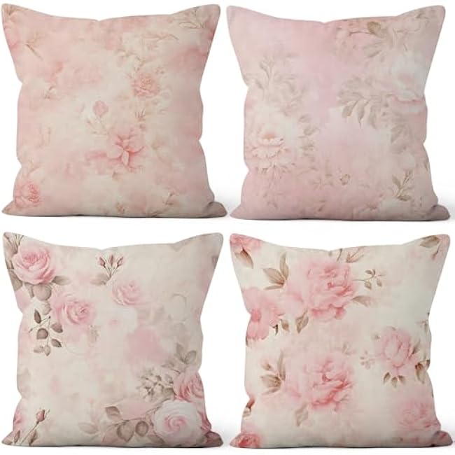4 Pcs/Set Rose Flowers Pillow Covers Summer Floral Green Leaves Pink Flowering Shrub Natural Scenery Watercolor Romantic Linen Cushion Case for Outdoor Couch Sofa Bedroom, 16x16