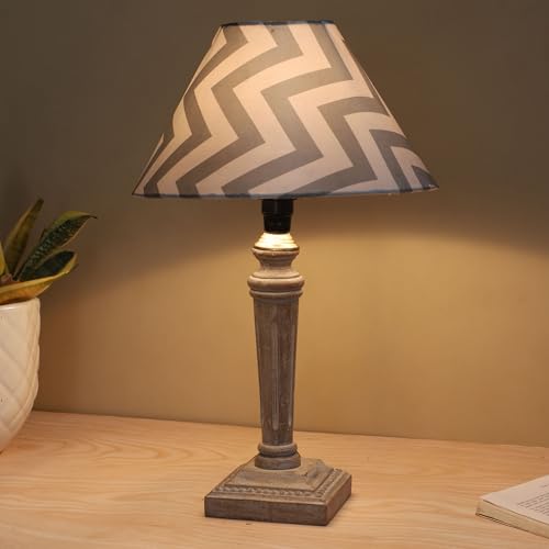 Image of tu casa Hand Carved Equine Mangowood Table Lamp for Home Decoration, Bedroom, Living Room, Lounge, Office, Festival Gifting, Study Table (Maze Print with Satin Shade) H - 15 inch / No Blub