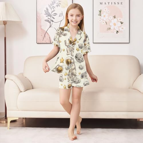 senya Cartoon Astronauts Stars Satin Summer Pajama Sets Silk Short Sleeve Button Down Sleepwear4